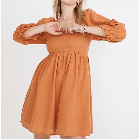 Madewell Puff Sleeve Smocked Dress Mini Textured Dots Mulled Cider Orange Size 8 - Picture 1 of 10